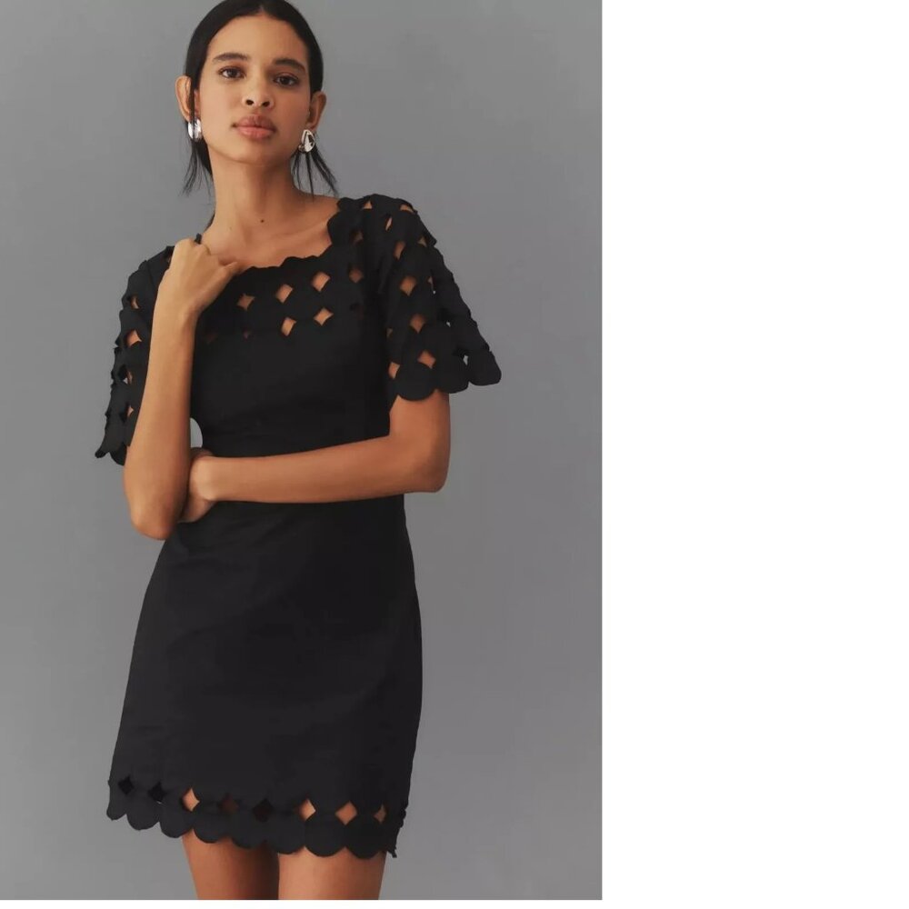 By Anthropologie Cutwork Mini Shift Dress SIZE 2 new black new with tag - Picture 4 of 5